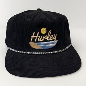 Hurley Half Moon Bay SnapBack Hat Black Corduroy With Rope Surfer Retro